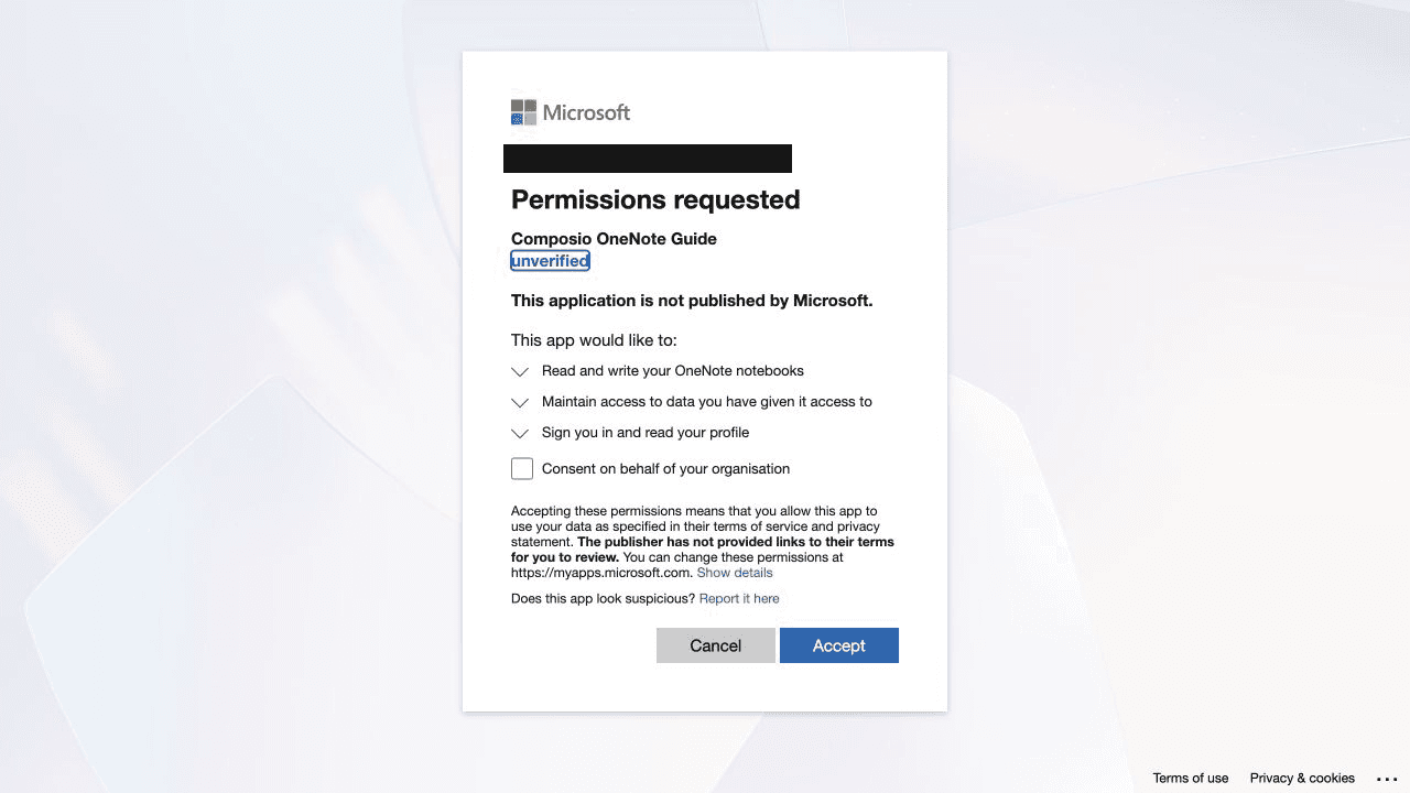 Microsoft consent screen