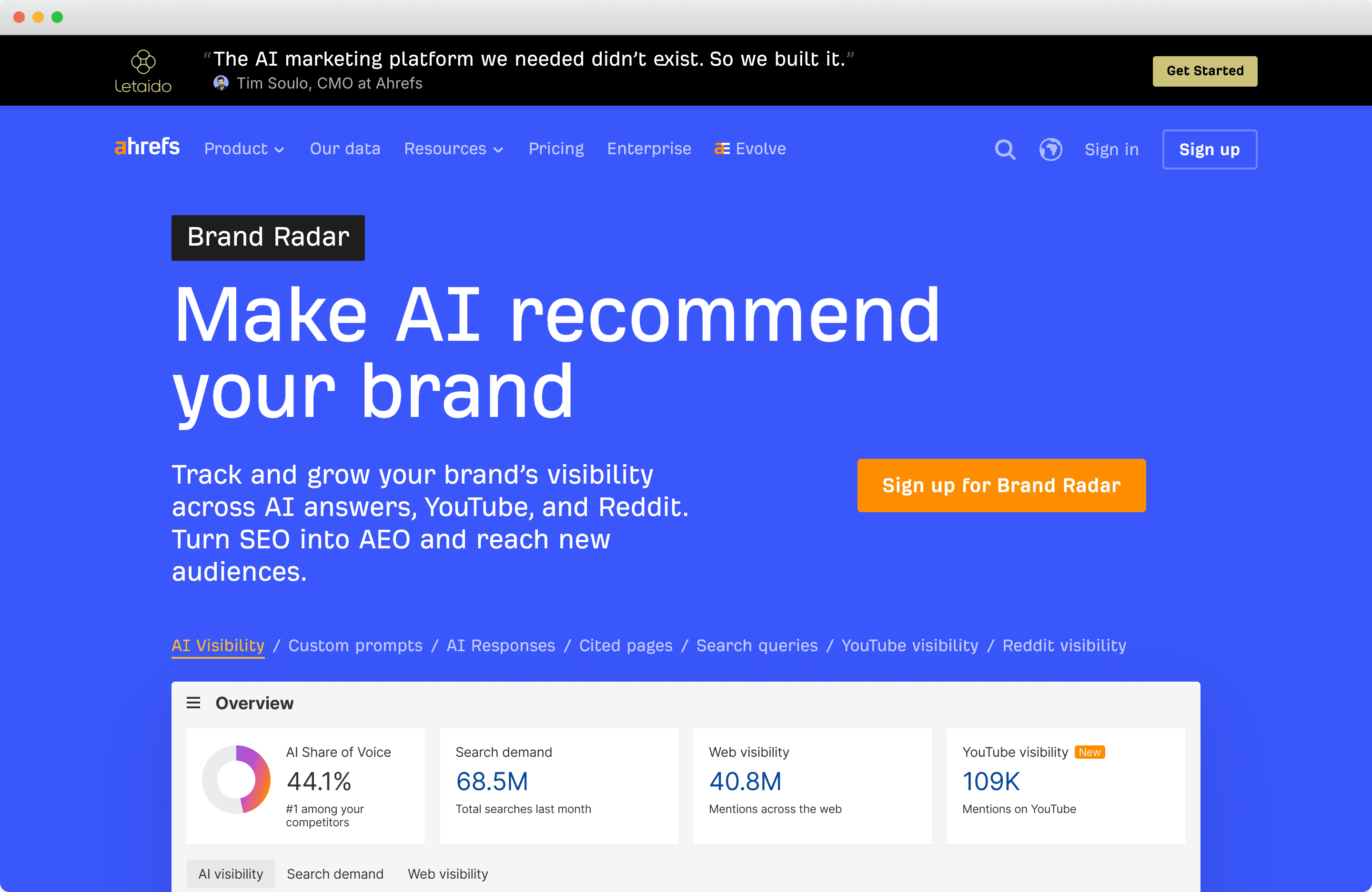 The Ahrefs homepage, showing its SEO suite and Brand Radar