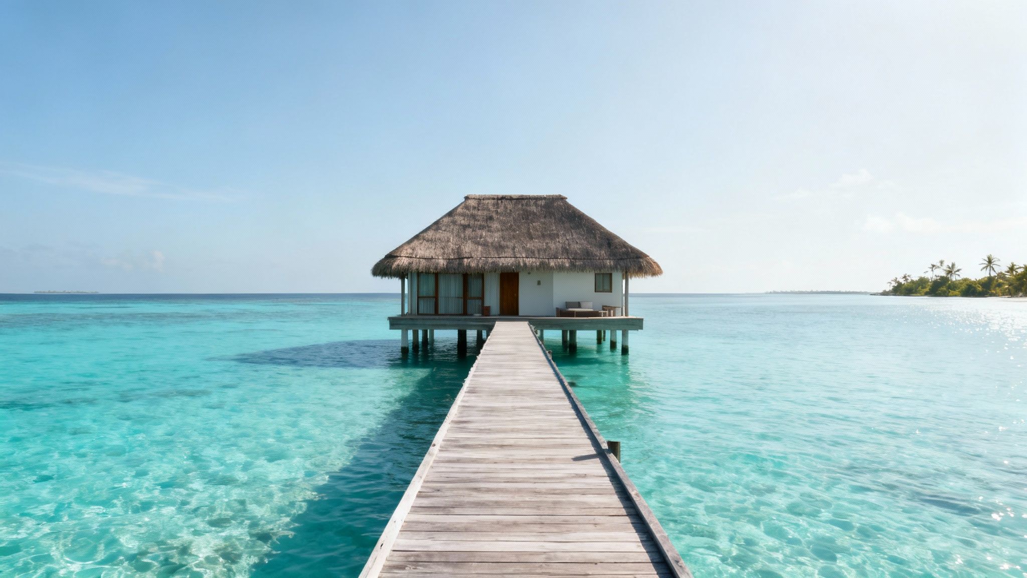 A beautiful overwater bungalow with a thatched roof, accessed by a long wooden pier over clear turquoise water.