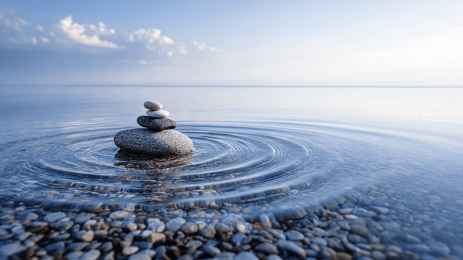 Pedras lisas empilhadas em equilíbrio sobre a água calma de um lago, formando círculos suaves de ondulação ao redor, com céu azul claro e horizonte sereno ao fundo, transmitindo sensação de tranquilidade e harmonia.