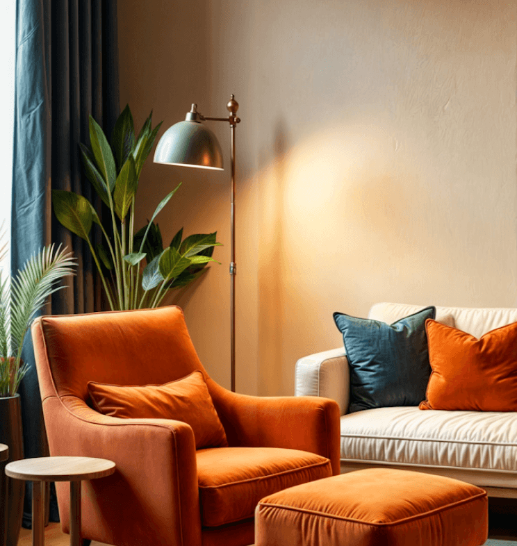 Modern living room with orange armchair and plant.