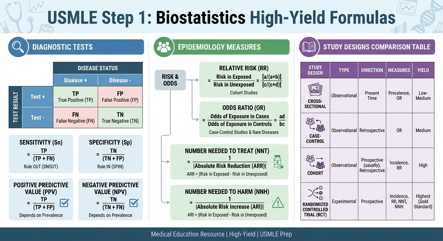 USMLE Step 1 biostatistics high-yield formulas reference chart