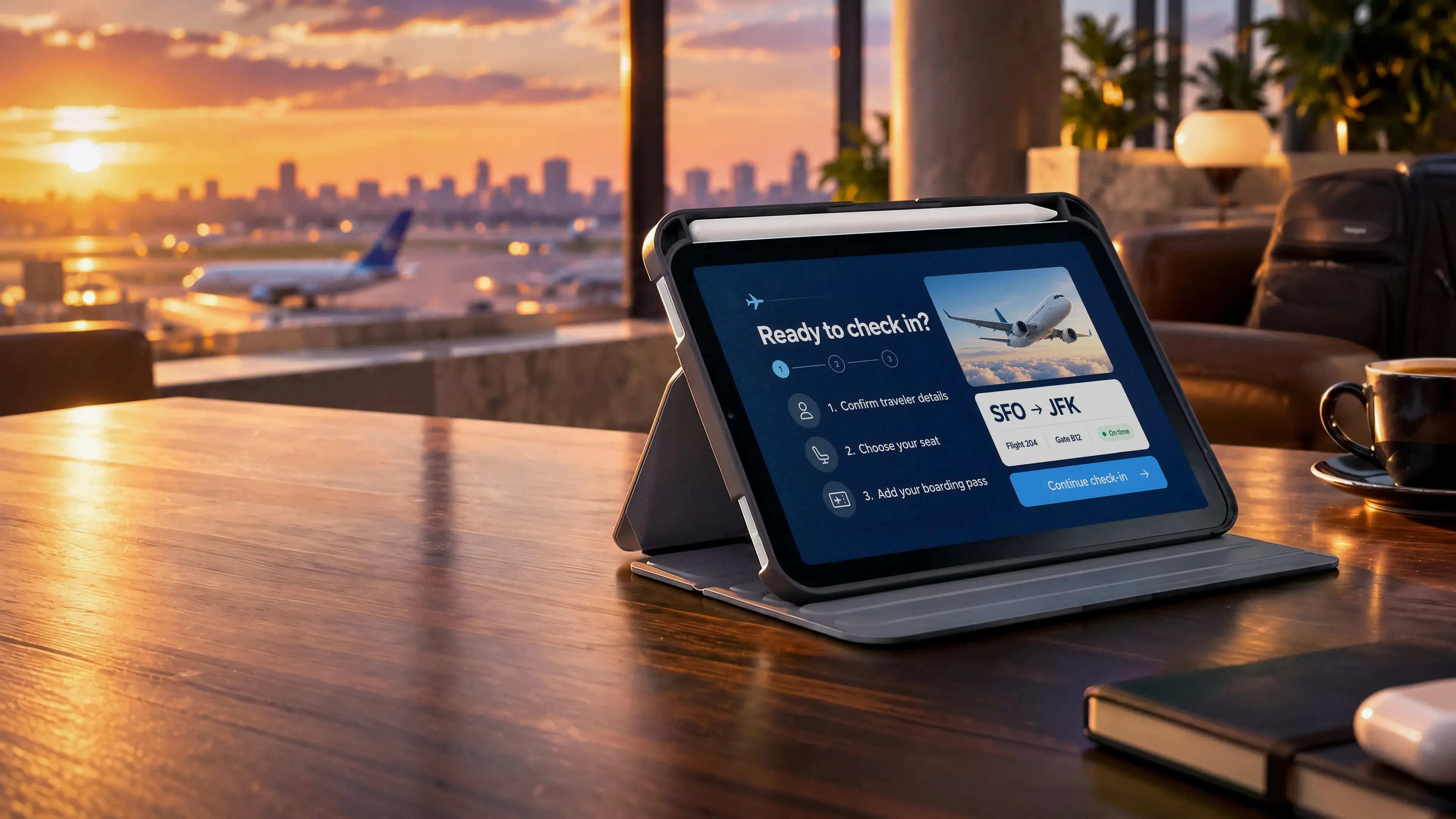 Targus iPad mini case on a wooden table in an airport lounge at sunset, with the iPad displaying a flight check-in screen and the runway visible in the background.