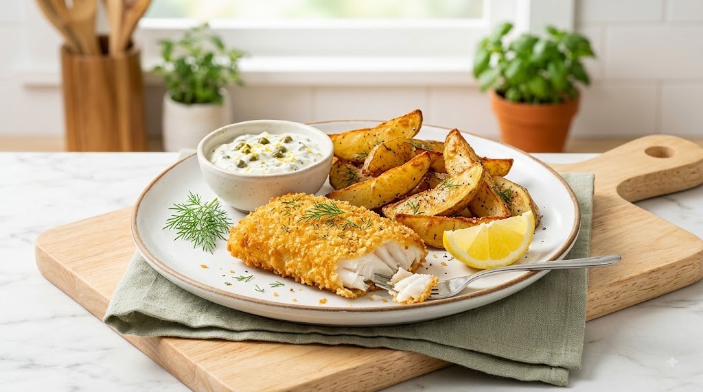 `A close-up photograph of a healthy, homemade meal featuring a crispy, golden panko-crusted fish fillet and seasoned air-fried potato wedges on