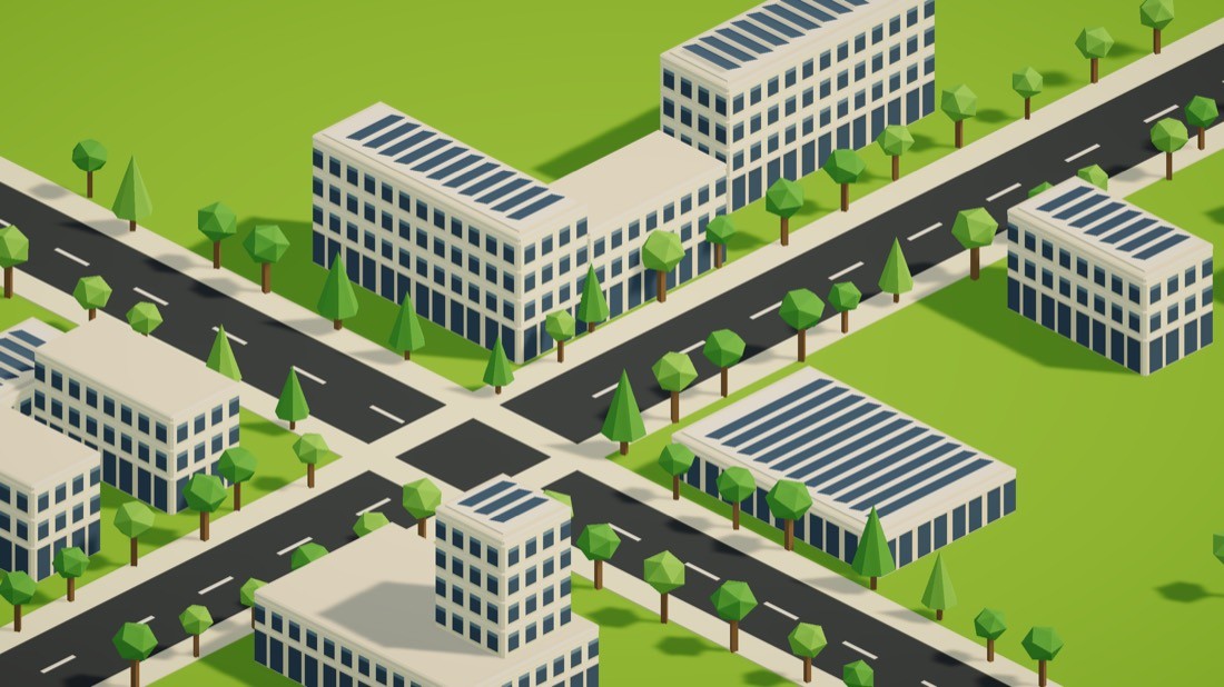 Look-dev golden reference: a street-level close-up with street trees, solar roofs, and cream office buildings