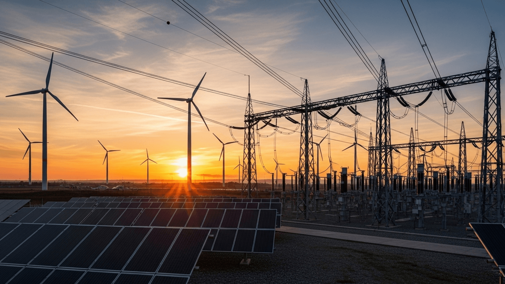 Sonnenuntergang über Windkraftanlagen und Solarpaneelen, mit Stromleitungen im Vordergrund, der erneuerbare Energien hervorhebt.