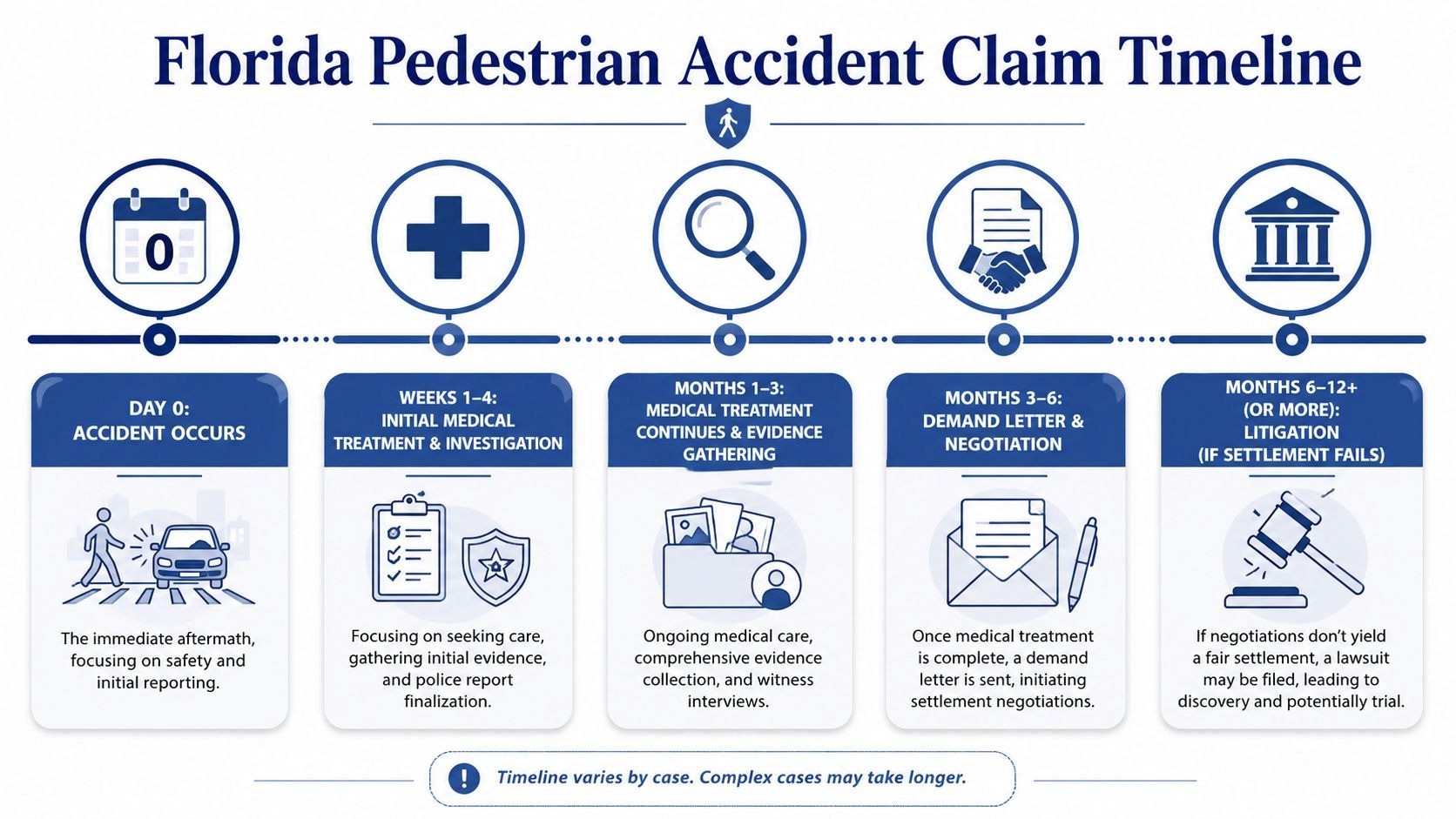 A timeline graphic showing the Florida pedestrian accident claim process from the accident occurrence to potential litigation.