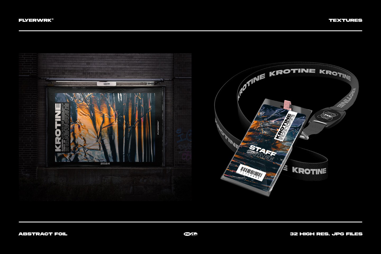 Krotine abstract metal foil textures applied to an outdoor billboard and event staff badge mockup