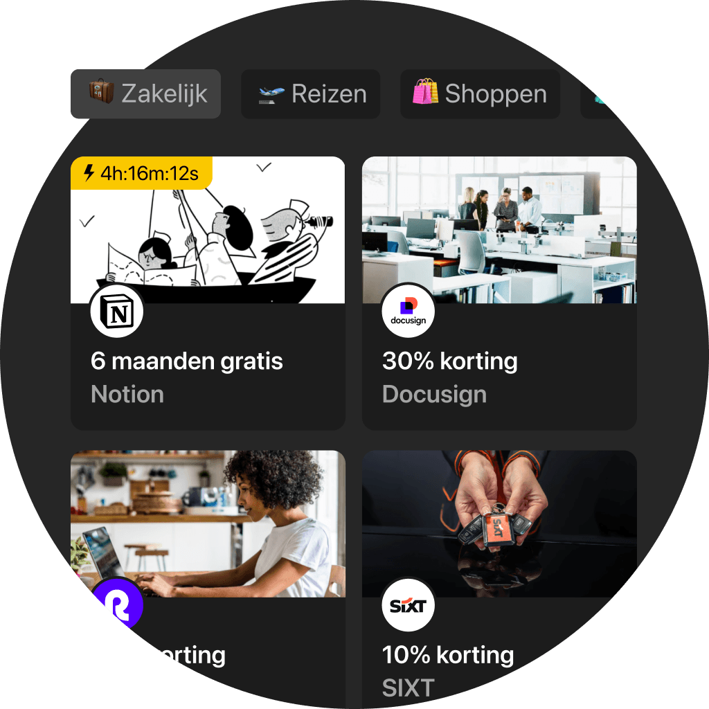 Een cirkelvormig menu waarin verschillende categorieën worden weergegeven, zoals "Kunst en Ambacht" en "Eten en Drinken.