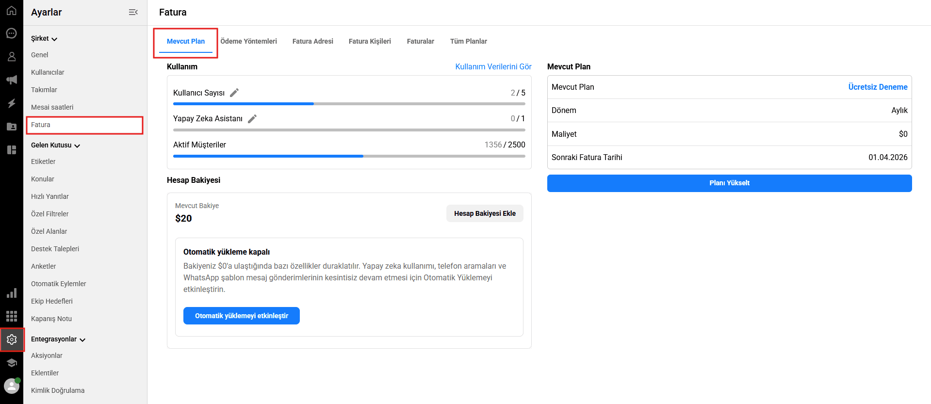 Navigation path for accessing billing settings in Qpien dashboard.