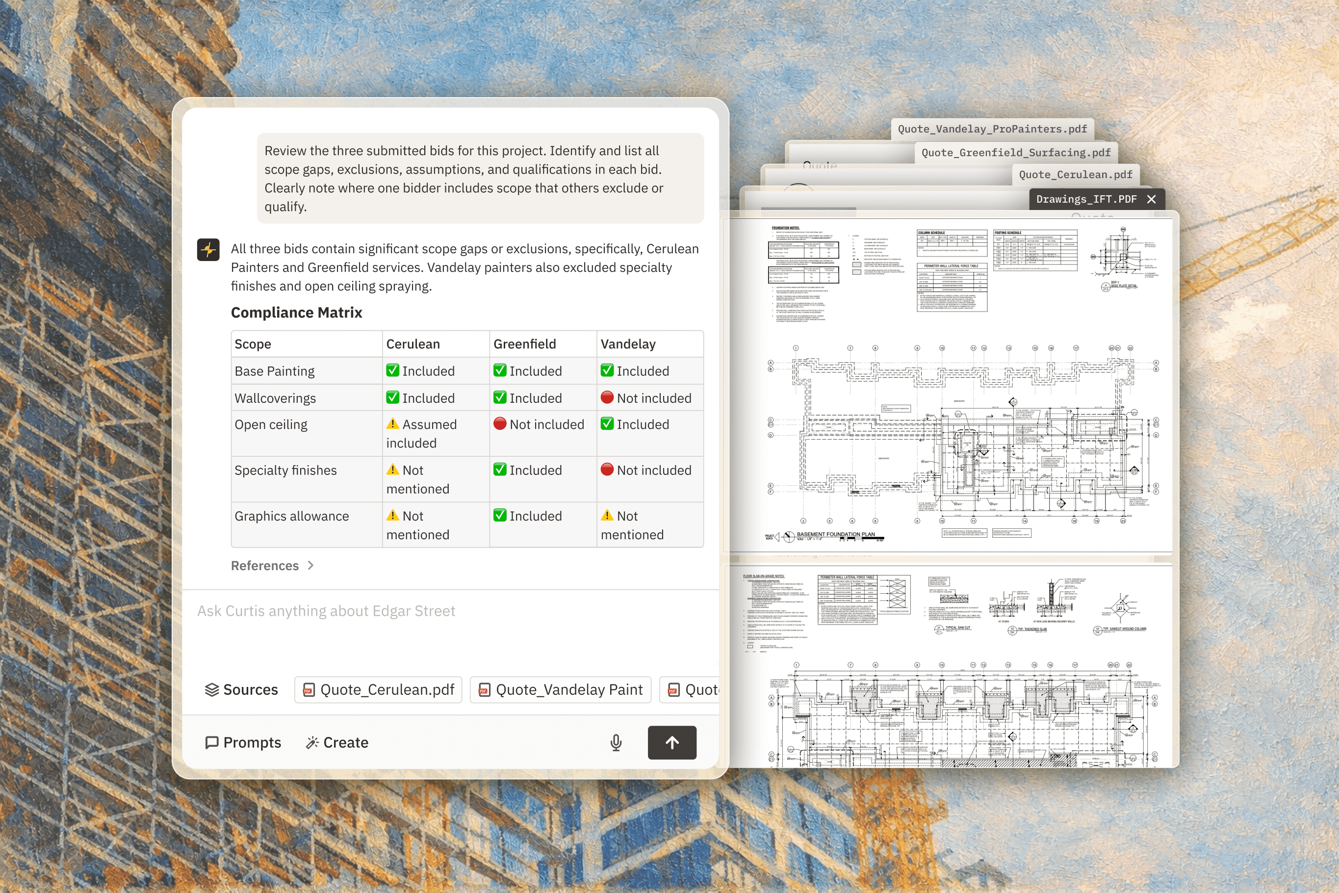 Screenshot of a construction management AI tool analyzing project bids. The interface displays a side-by-side compliance table and automated summary of scope gaps, with original architectural drawings and quote PDFs open for reference.