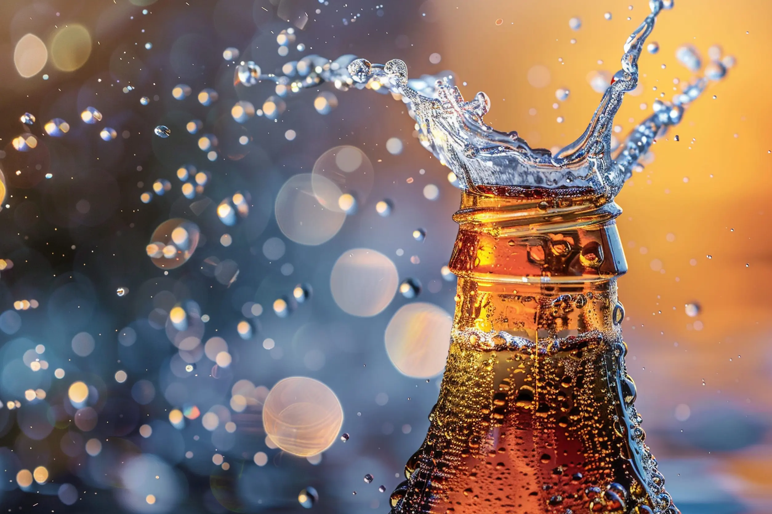 Nahaufnahme einer Flasche mit kohlensäurehaltigem Getränk, sprudelnder Flüssigkeit, Kondenswasserströpfchen und einem dramatischen Spritzer, der aus der Öffnung birst. Bläschen und Wassertropfen schweben in der Luft vor einem farbenfrohen, verschwommenen Hintergrund und erzeugen ein starkes Gefühl von Erfrischung, Energie und sinnlicher Anziehungskraft, wie es häufig in der Getränkewerbung und bei Kreativtests verwendet wird.