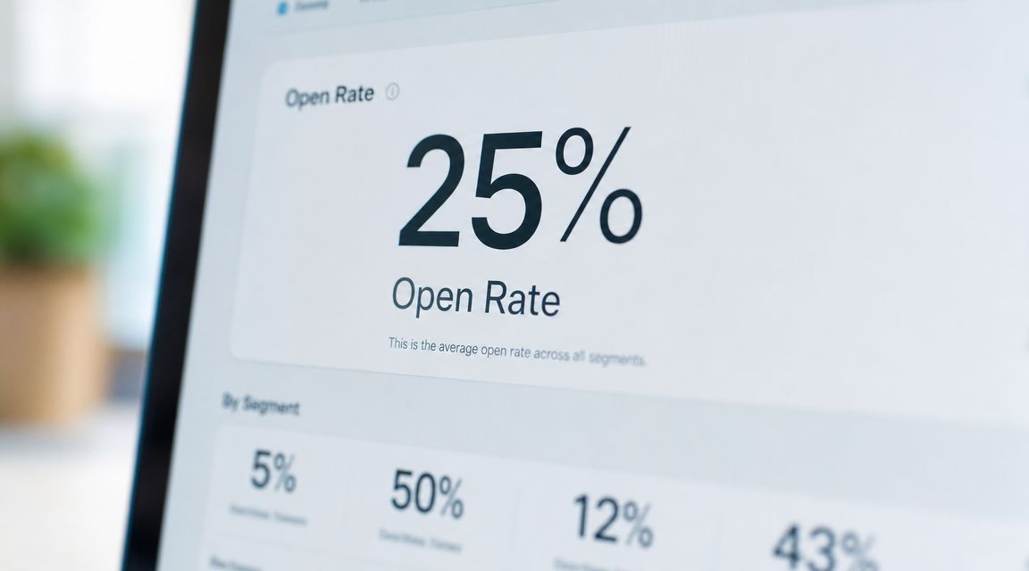 A computer screen showing email marketing analytics displaying a twenty-five percent average open rate across segments.