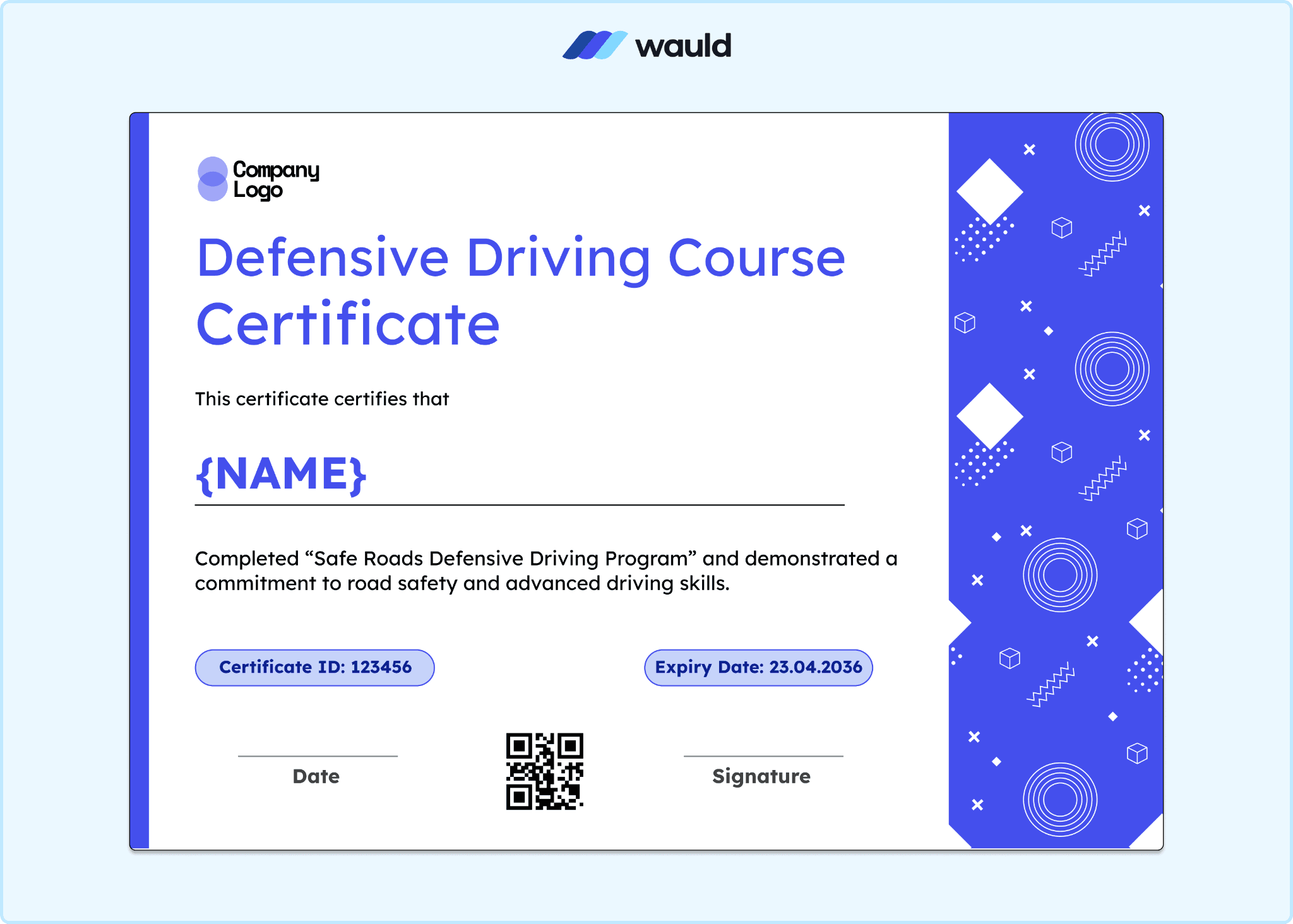 Bold blue defensive driving course certificate with diamond pattern accents, recipient name field, certificate ID, expiry date, QR code, and signature line for Safe Roads program completion