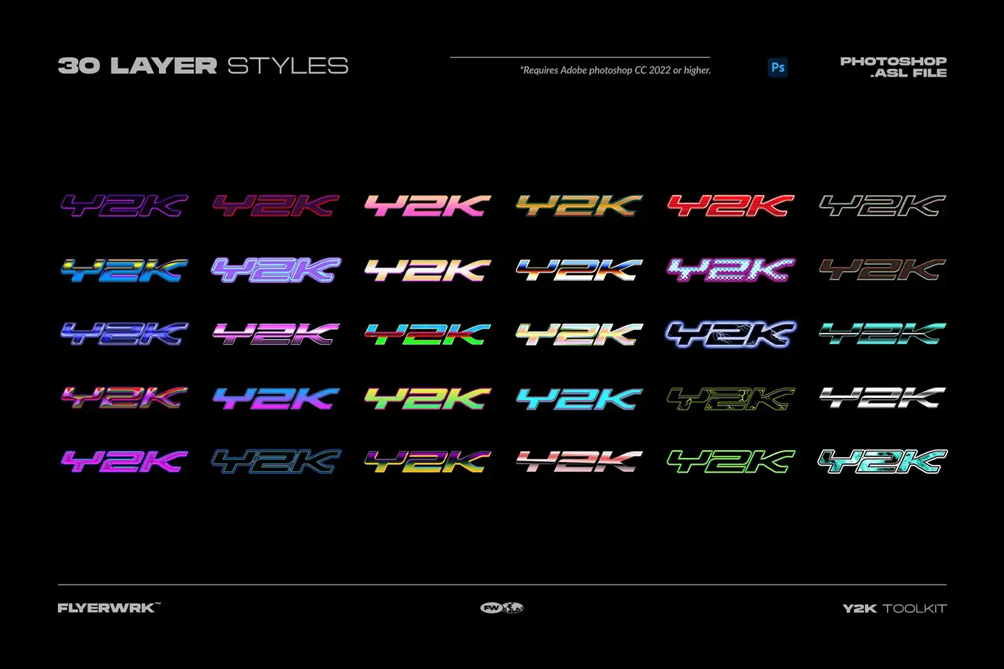 Y2K Toolkit Photoshop layer styles preview with retro chrome Y2K text effects