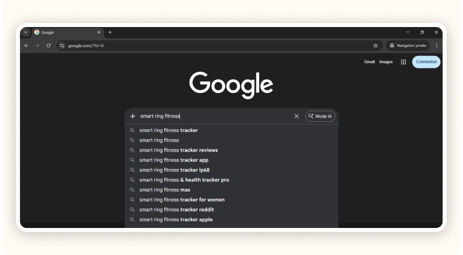 Recherche Google pour smart ring fitness avec suggestions automatiques affichées.