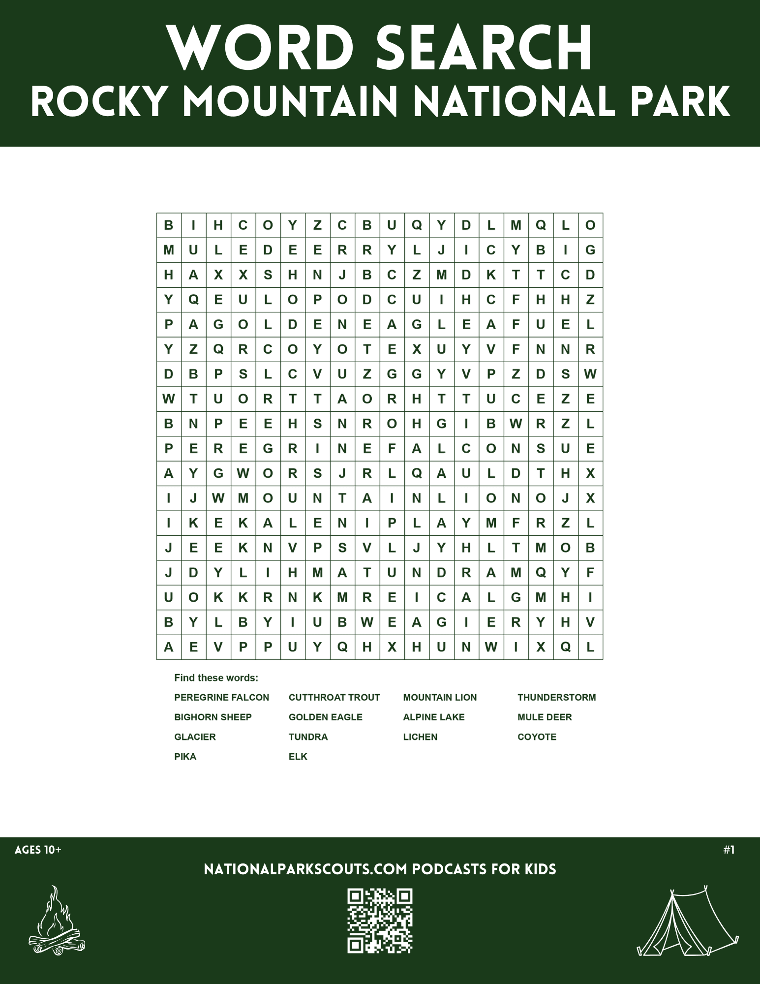 Word Search Rocky Mountain National Park - Older kids