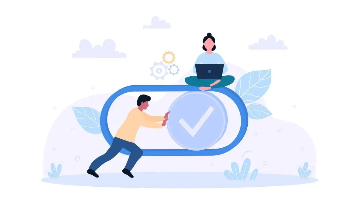 Illustration of two people interacting with a large toggle switch—one pushing it into the “on” position with a checkmark, the other sitting on top working on a laptop—surrounded by gears, leaves, and abstract shapes, symbolizing the transferable skills and adaptability engineers carry from one job to another.