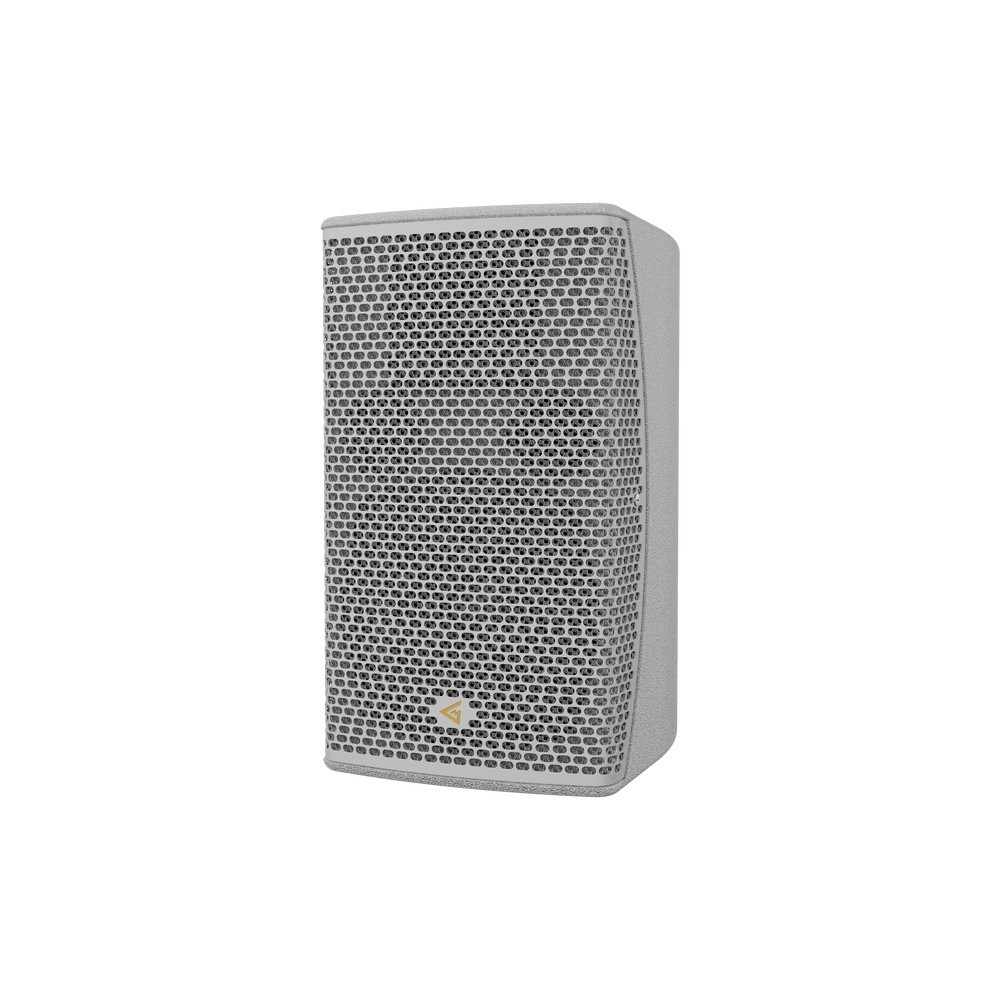 Gray speaker with perforated grille and logo