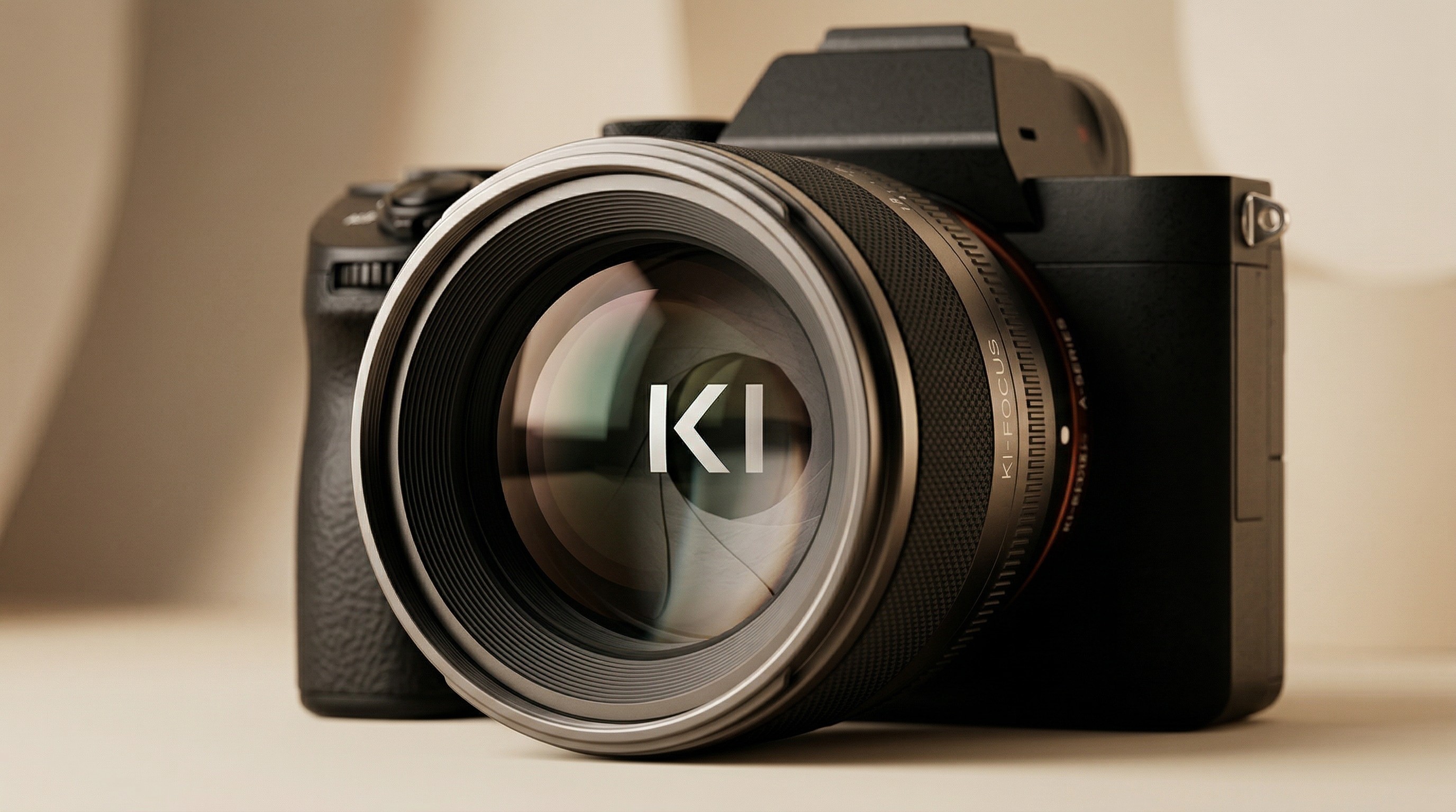 Spiegellose Kamera mit KI-Schriftzug auf dem Objektiv – Symbolbild für AI Werbevisuals statt klassischer Fotoshootings für Schweizer KMU von 3DS Johner