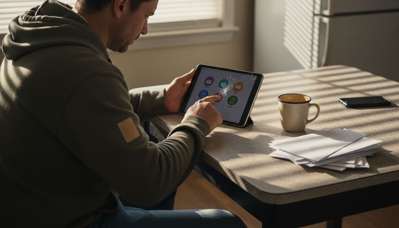 Man tracking emotions on tablet at kitchen table