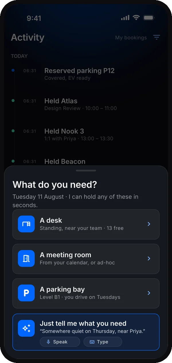 What do you need? sheet in the dark theme: a desk, a meeting room, a parking bay, or just tell me