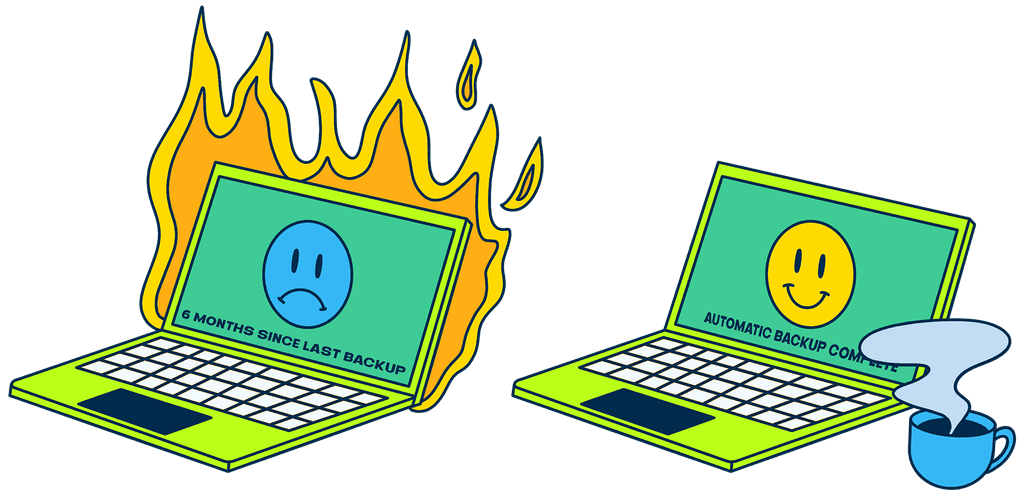 Two laptops side-by-side, one is on fire and its data is at risk, the other is protected with a smiley face visible. Illustration.