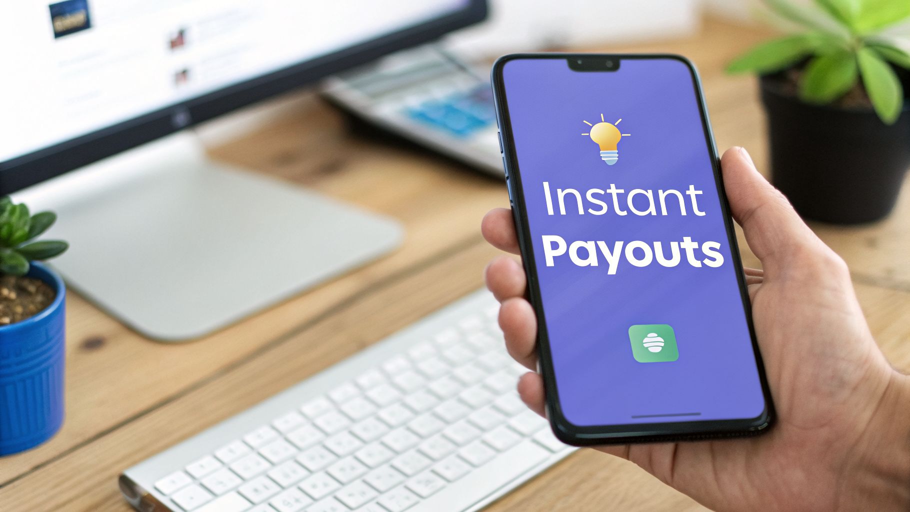 A hand holds a smartphone showing 'Instant Payouts' on screen, with a computer and plant in the background.