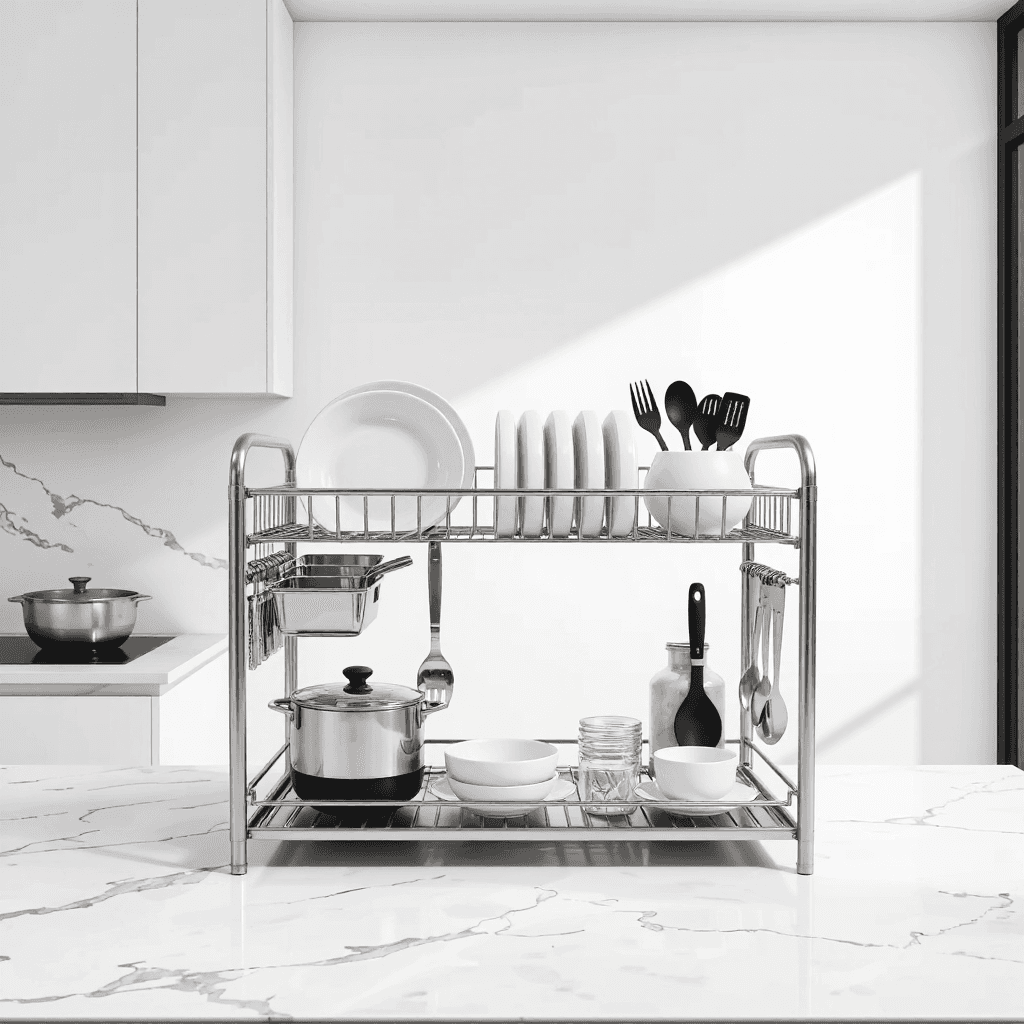 product photography of a dish drying rack, used for drying dishes and utensils after washing