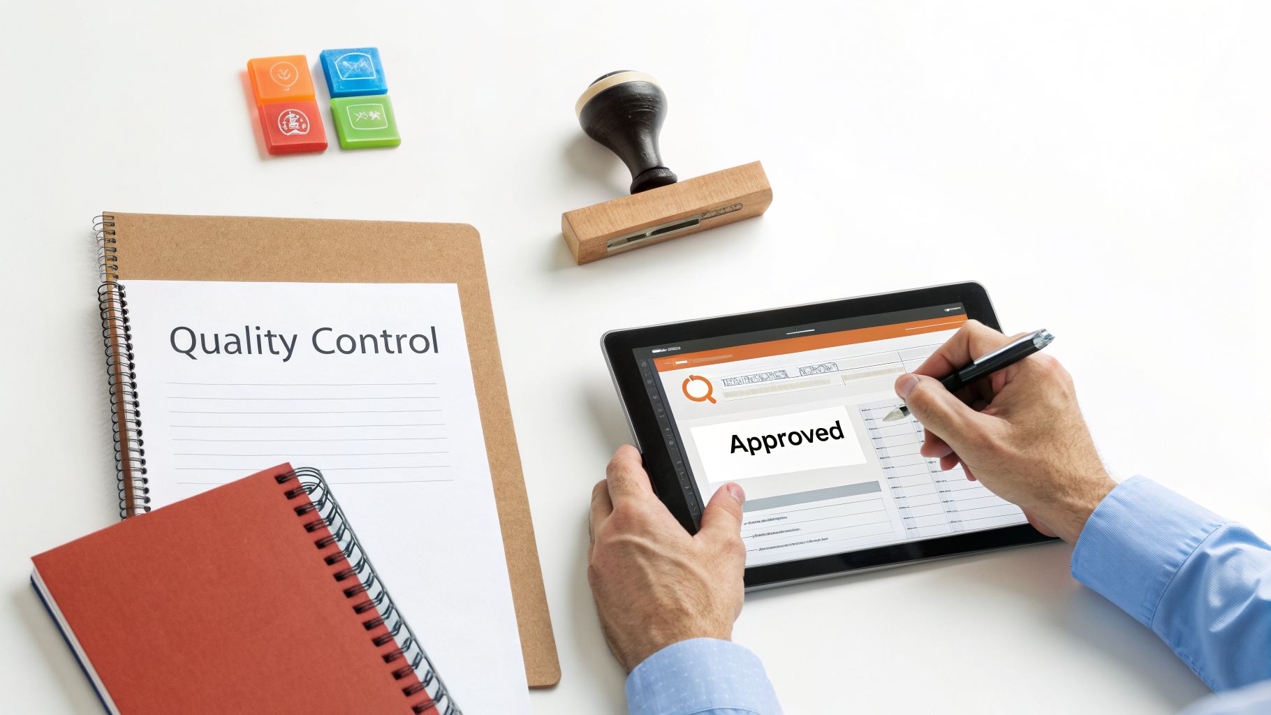 A person's hands approve a document on a tablet displaying 'Approved' next to a 'Quality Control' notebook.