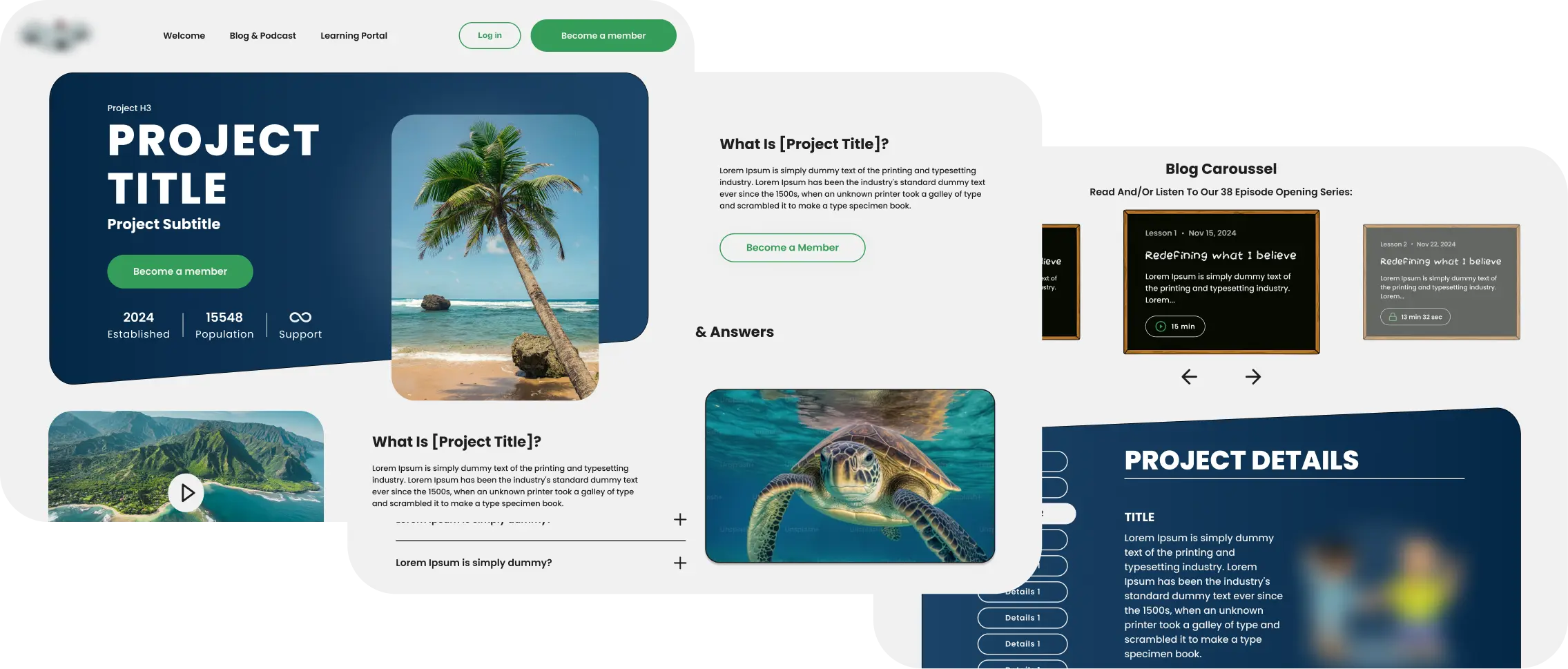 A high-end hero section for an e-learning platform featuring a minimalist layout, brand typography, and a "Become a Member" call-to-action to drive community growth.