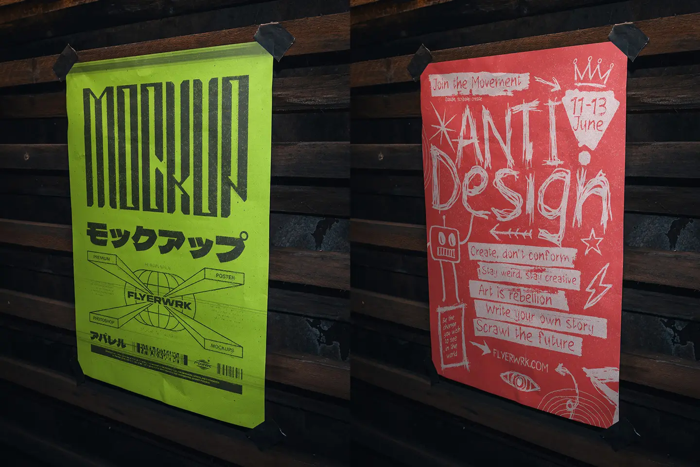 Basement A2 poster mockup with neon green poster taped on rough wall