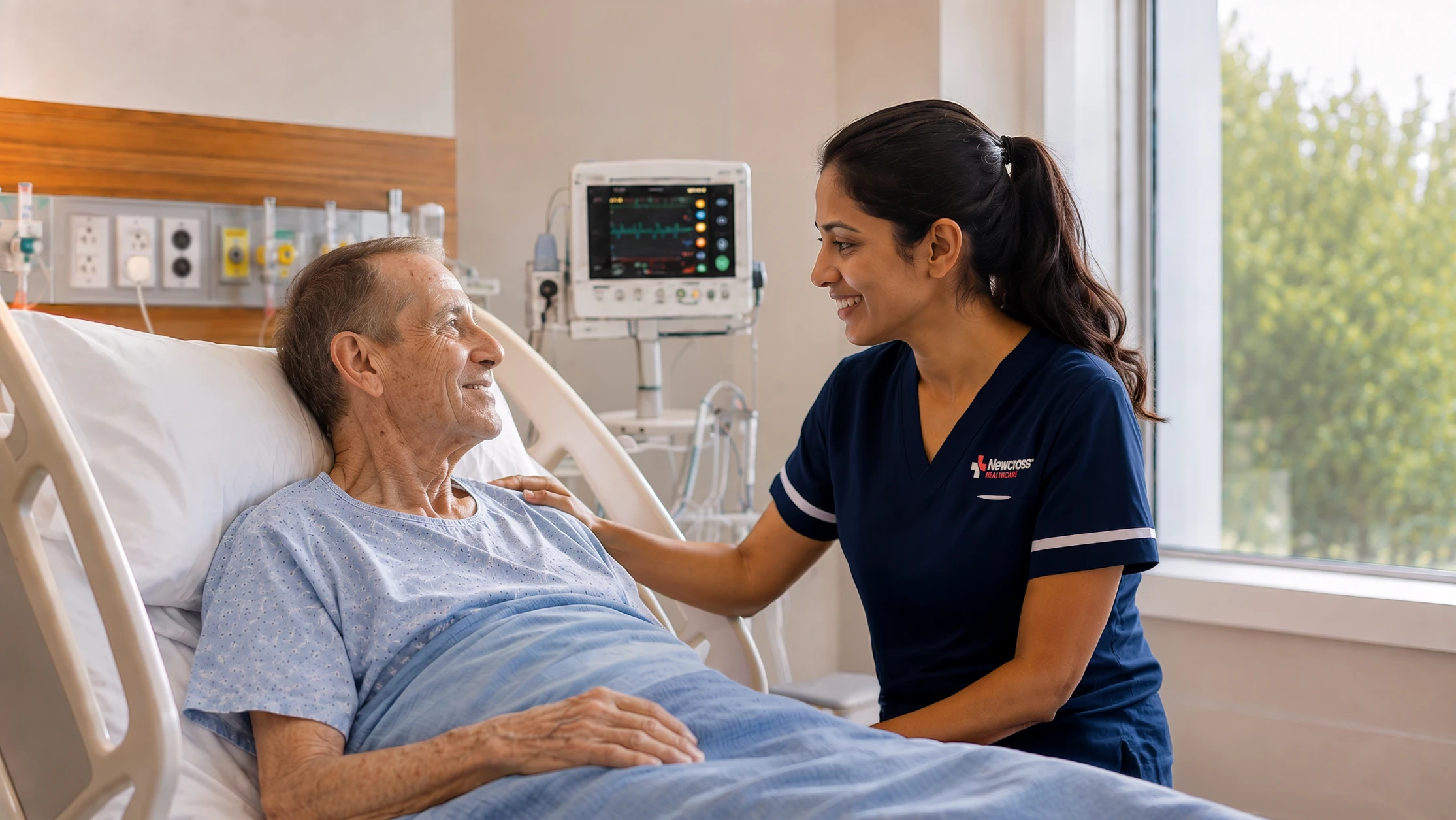 Newcross Healthcare nurse in navy scrubs sitting bedside with a smiling elderly hospital patient, sharing a warm conversation.
