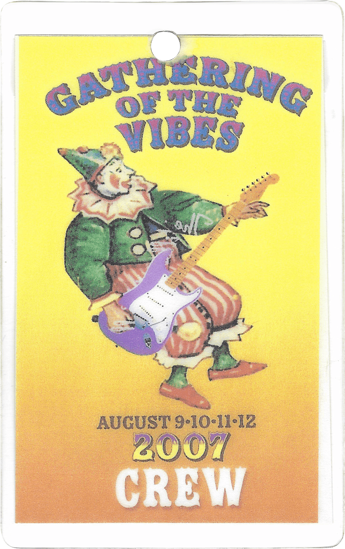 Colorful backstage pass featuring a whimsical character with text: "Gathering of the Vibes" and "Crew" at the bottom.