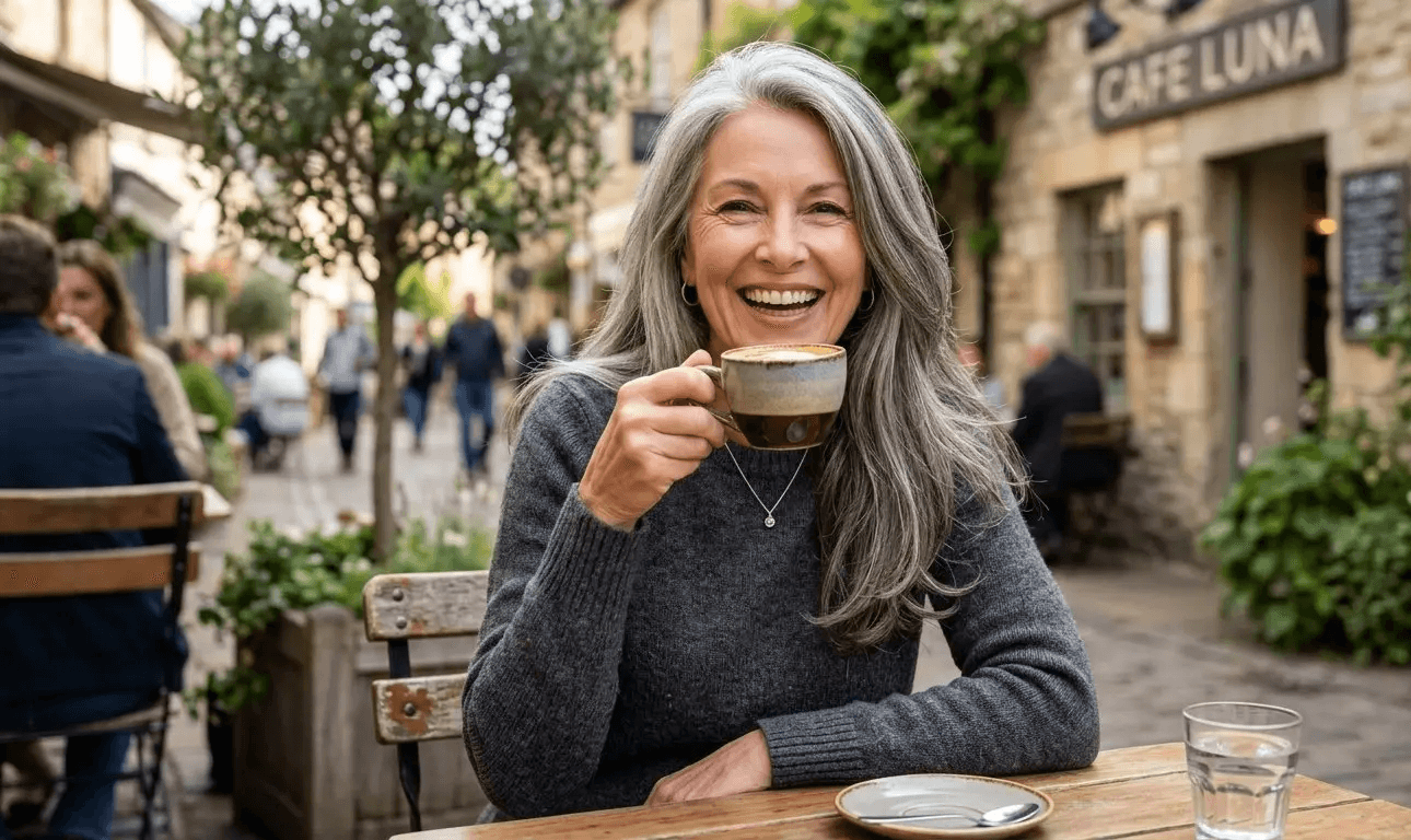 Confident woman with long silver gray hair smiling at an outdoor cafe