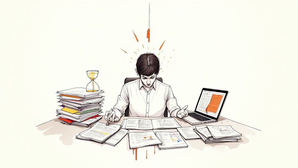 A person overwhelmed by a large stack of documents, an hourglass, and a laptop, symbolizing work pressure.