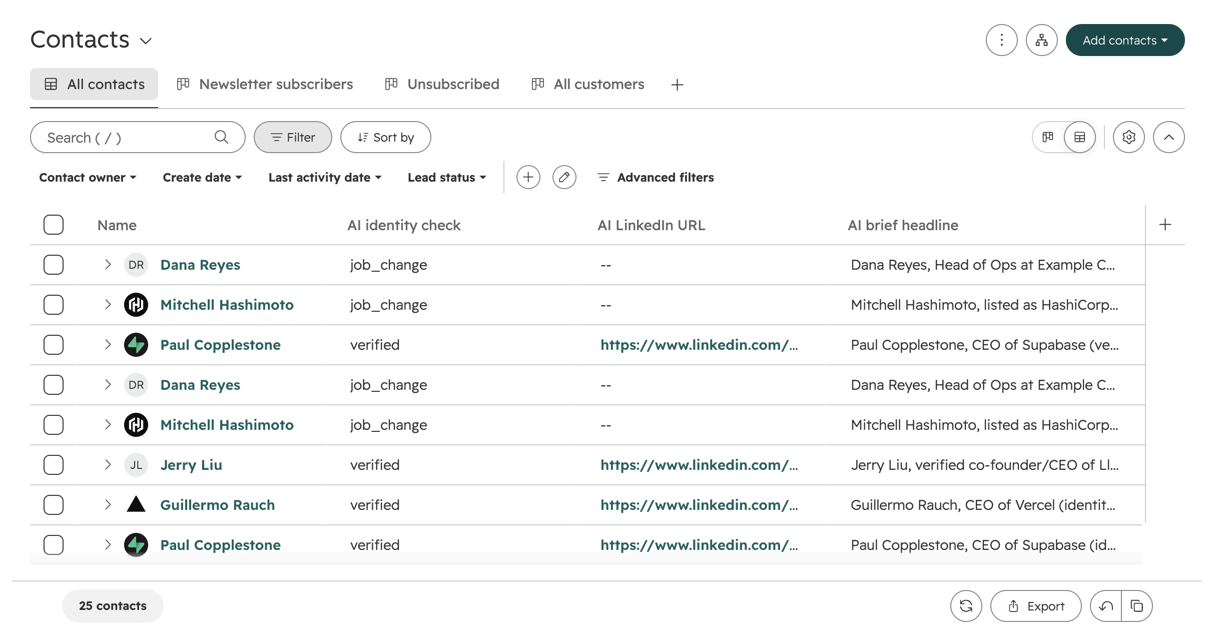 HubSpot Contacts view on the All contacts tab, with Name, AI identity check, AI LinkedIn URL, and AI brief headline columns. Verified rows have a LinkedIn URL, and job_change rows show 2 dashes.