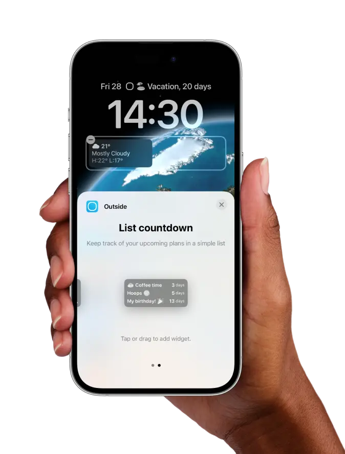 Hand holding iPhone showing lock screen widget selection