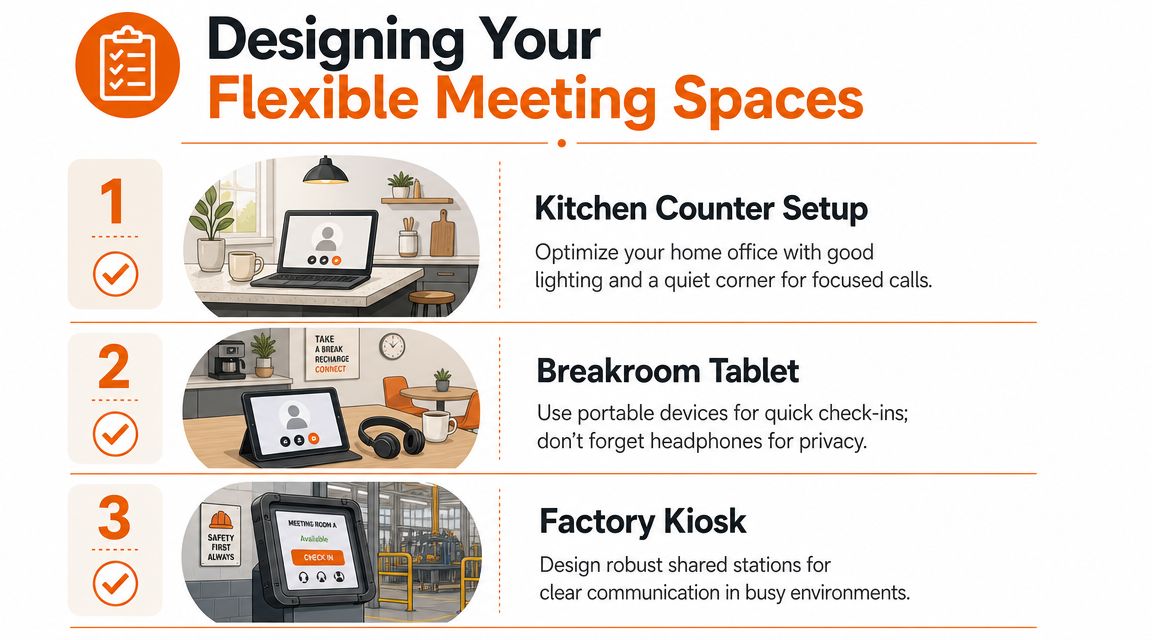 A visual guide illustrating three flexible meeting space setups including a kitchen counter, breakroom, and factory kiosk.