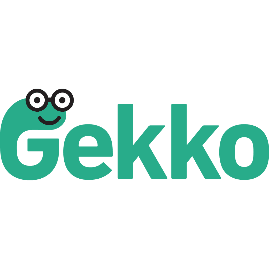Logo of Gekko featuring a cartoon gecko with glasses, accompanied by the word "Gekko" in playful green font.