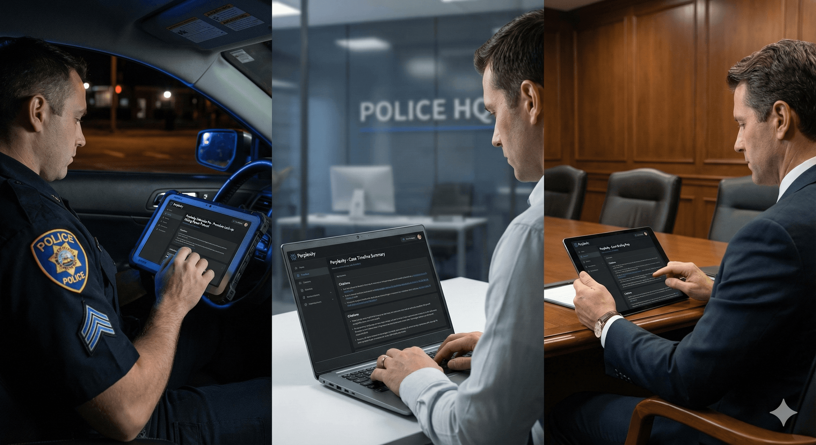 Three individuals in various settings, including a police officer in a patrol car, a person in a police headquarters, and a professional in a conference room, each using electronic devices featuring software related to public safety organizations.