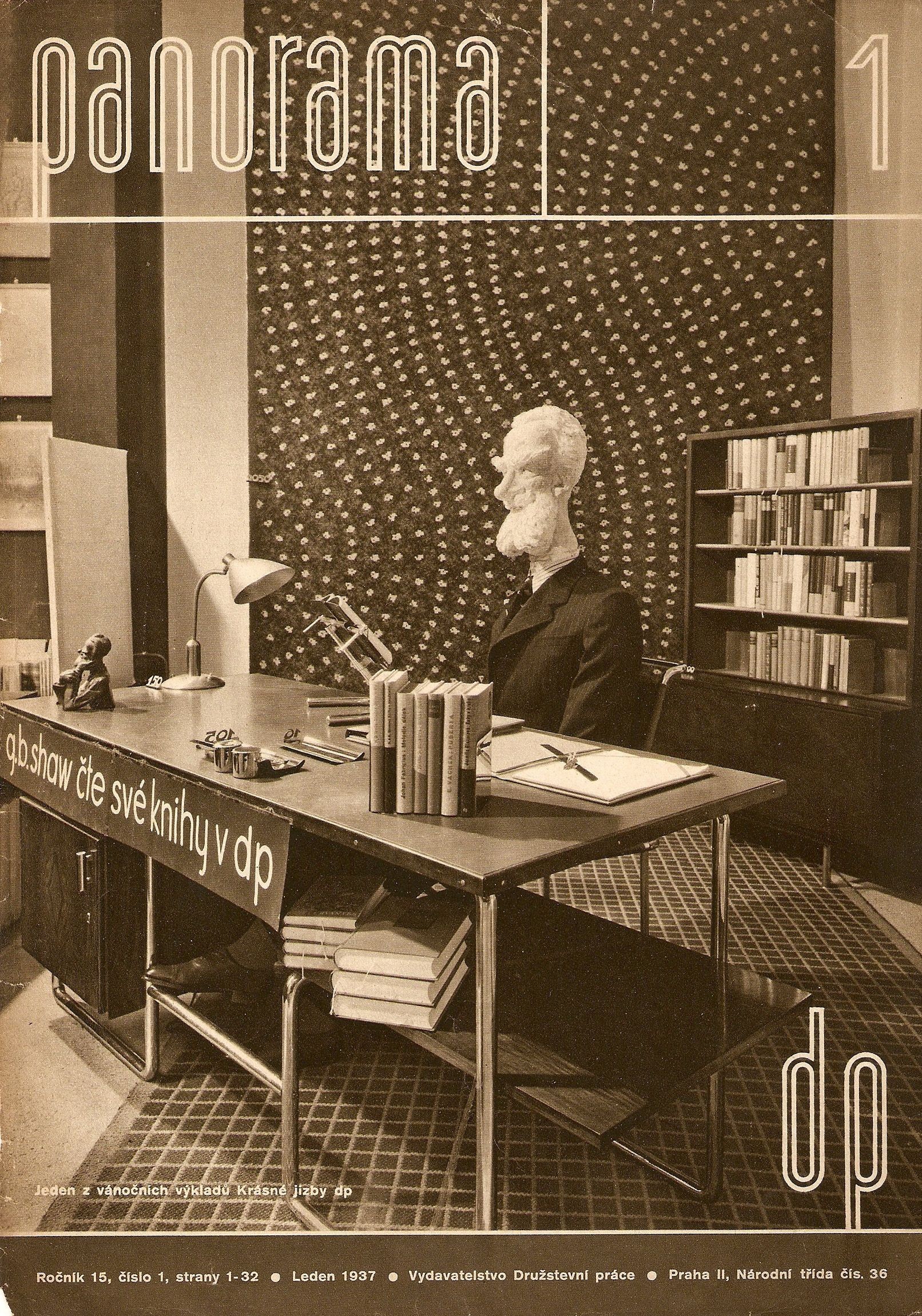 Vintage magazine spread with geometric typography, a bust, books, and a seated figure at a desk.