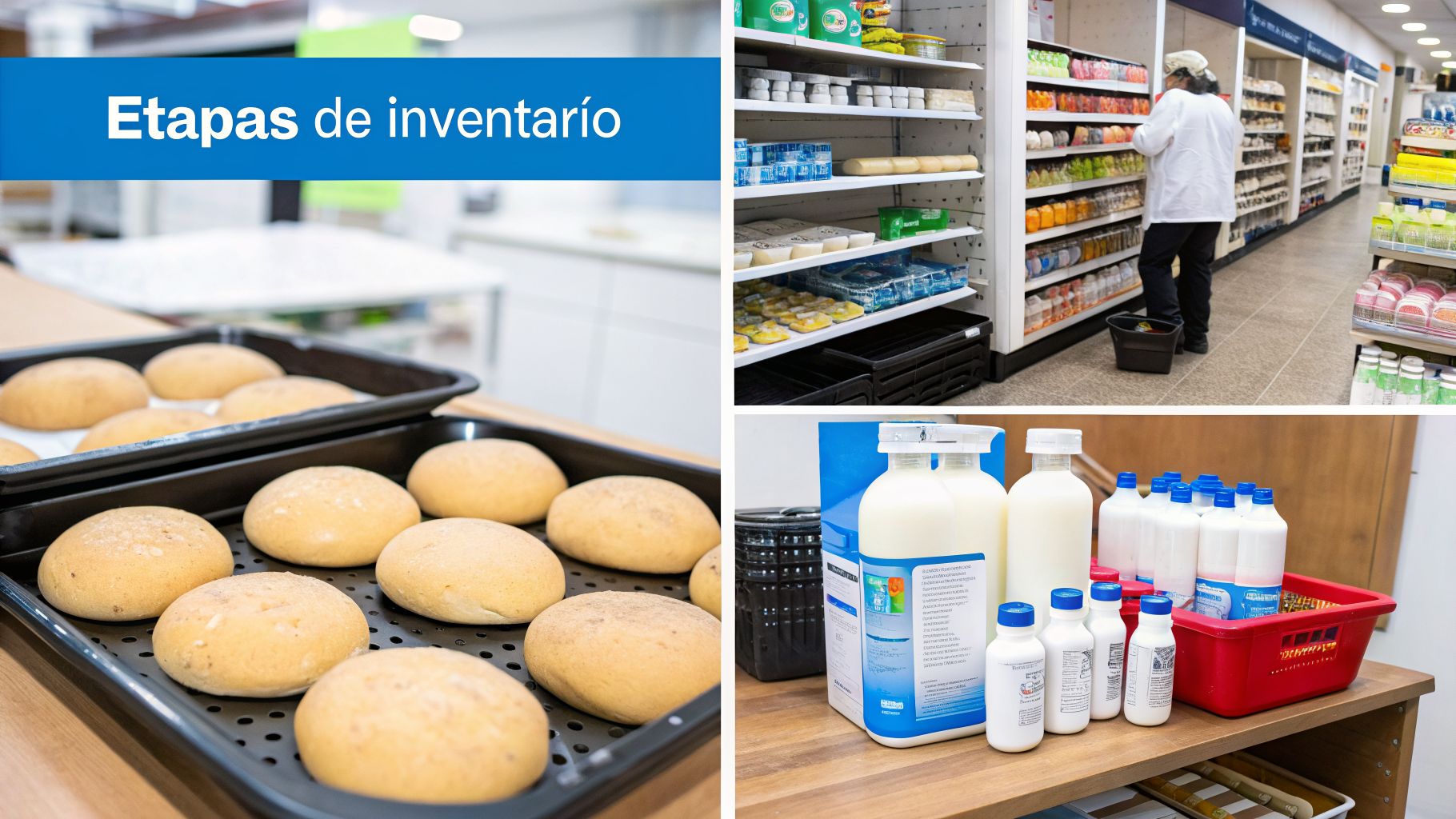 Etapas de inventario ilustradas con productos horneados en bandejas, estantes de almacén y botellas de lácteos.