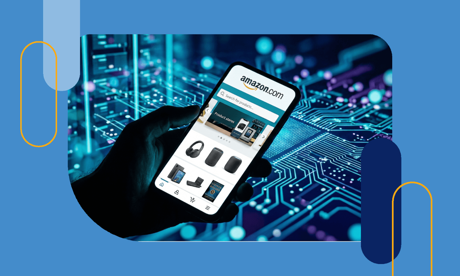 A hand holding a smartphone displaying the Amazon.com storefront against a digital data network background, representing Amazon's technology infrastructure and the risk of system outages for 1P Vendors.