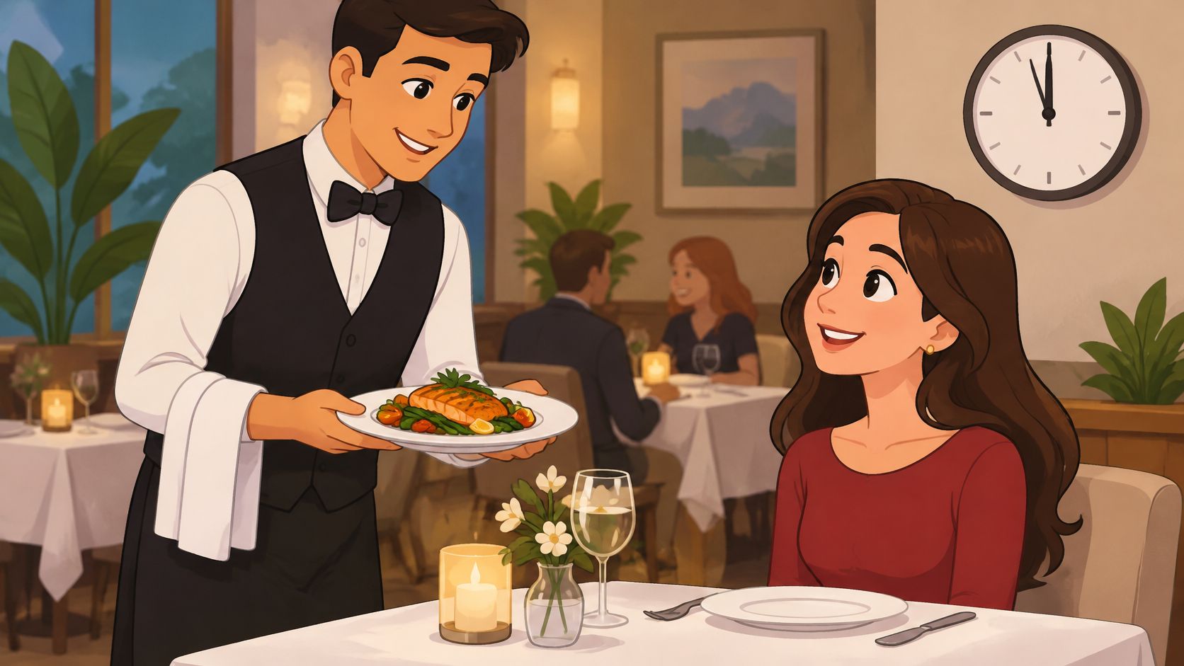Un camarero sonriente sirve un plato de salmón a una mujer joven en un restaurante elegante