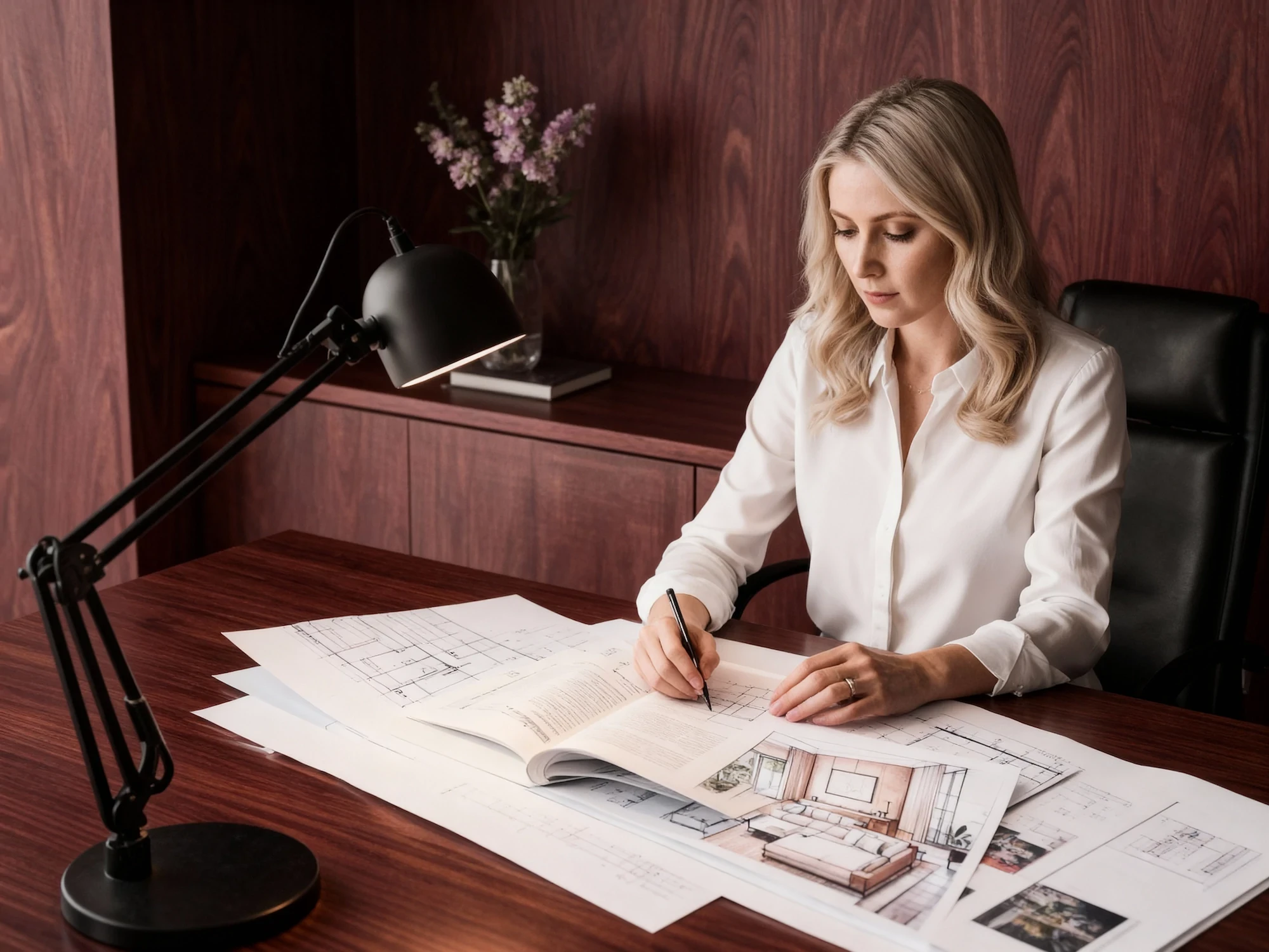 Designer sketching project concepts and reviewing plans in a studio setting.