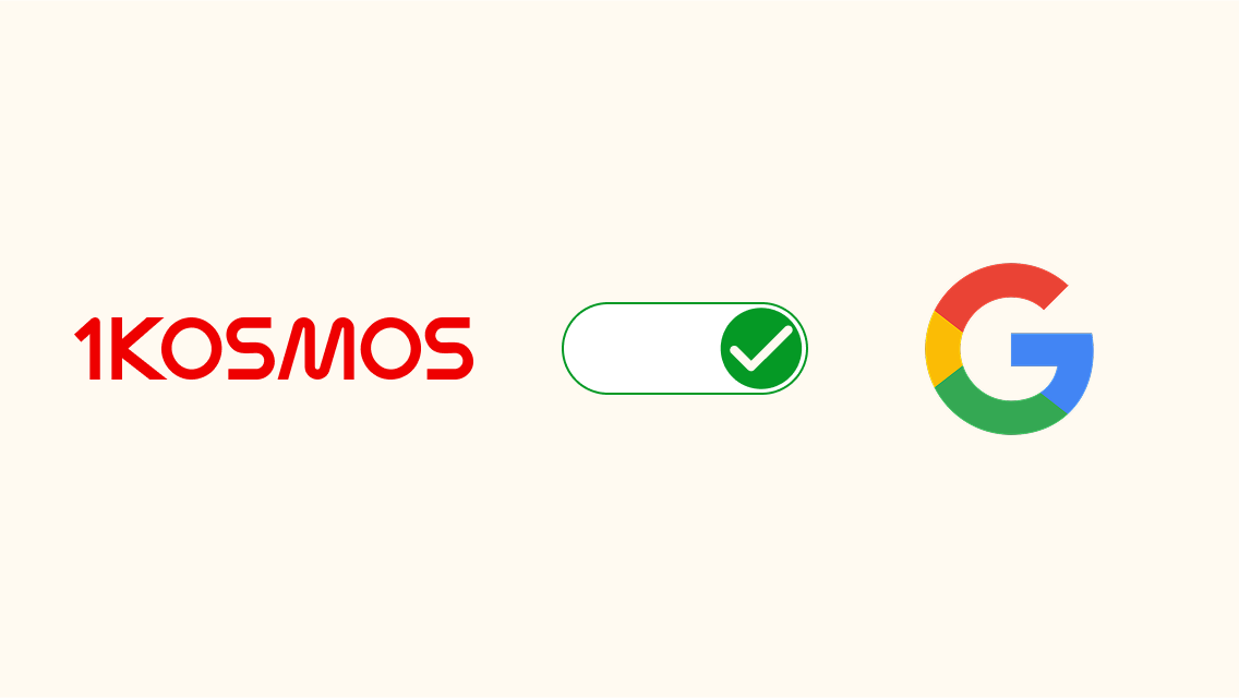 1Kosmos integrated with Google: toggle switch showing enabled/verified status between the 1Kosmos logo and Google "G" logo on a light cream background.