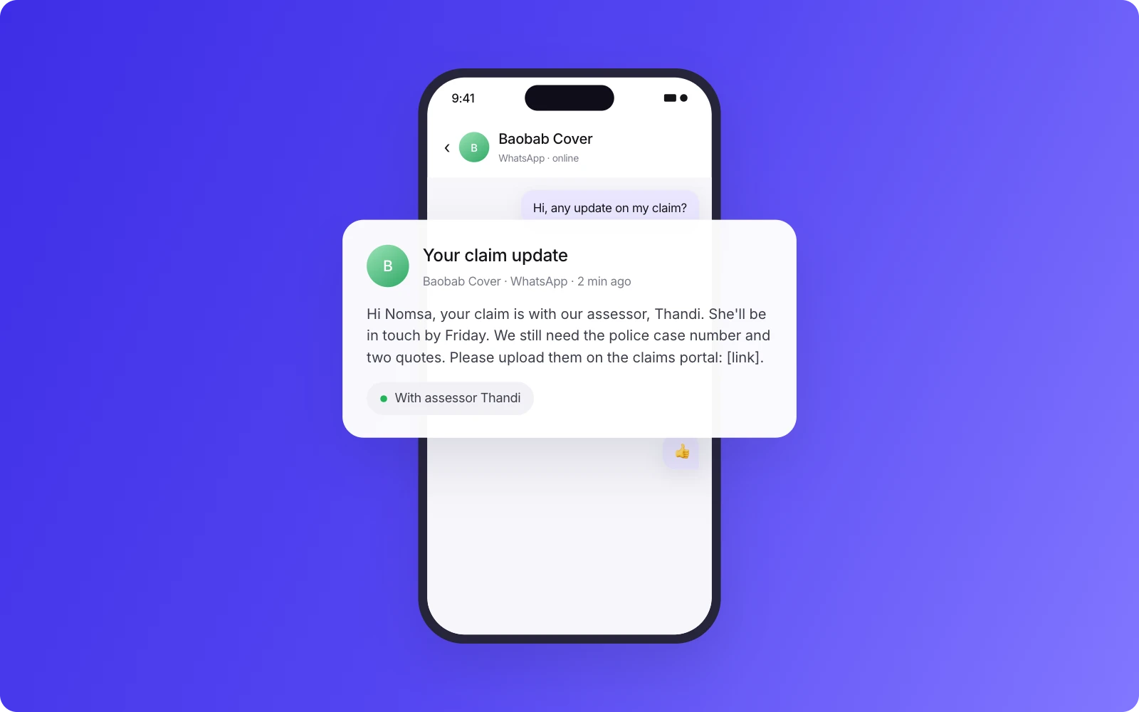 A WhatsApp message from an insurer telling a customer which assessor has her claim, when to expect contact, and which documents are still needed via the claims portal.