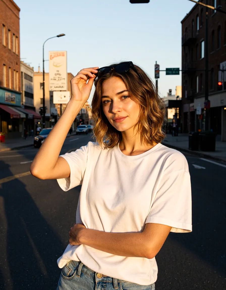 Woman in white t-shirt with sunglasses during golden hour on urban street with warm natural lighting