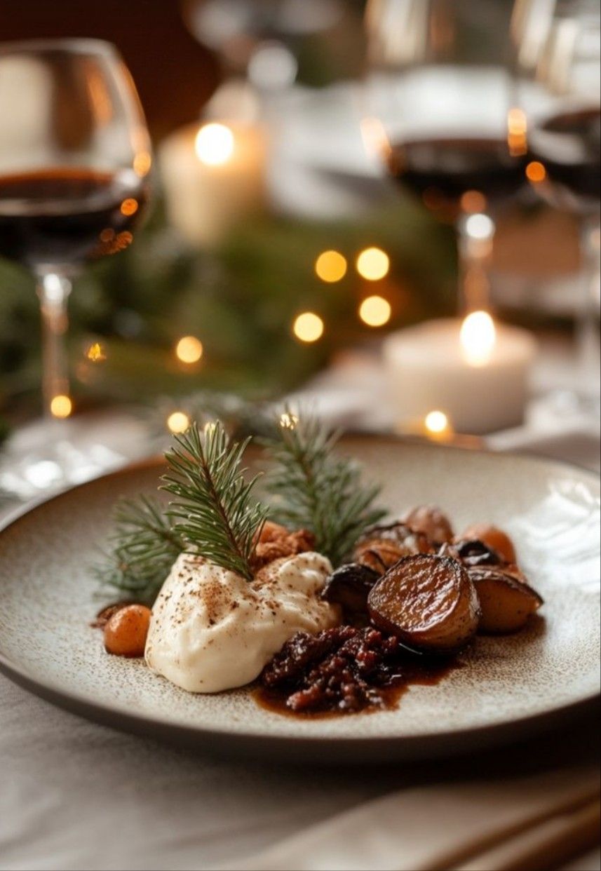 Luxury New Year’s Eve dining at Dhoom Toronto featuring a gourmet holiday dish with roasted vegetables, cream, and pine garnish served with red wine in a festive candlelit setting.